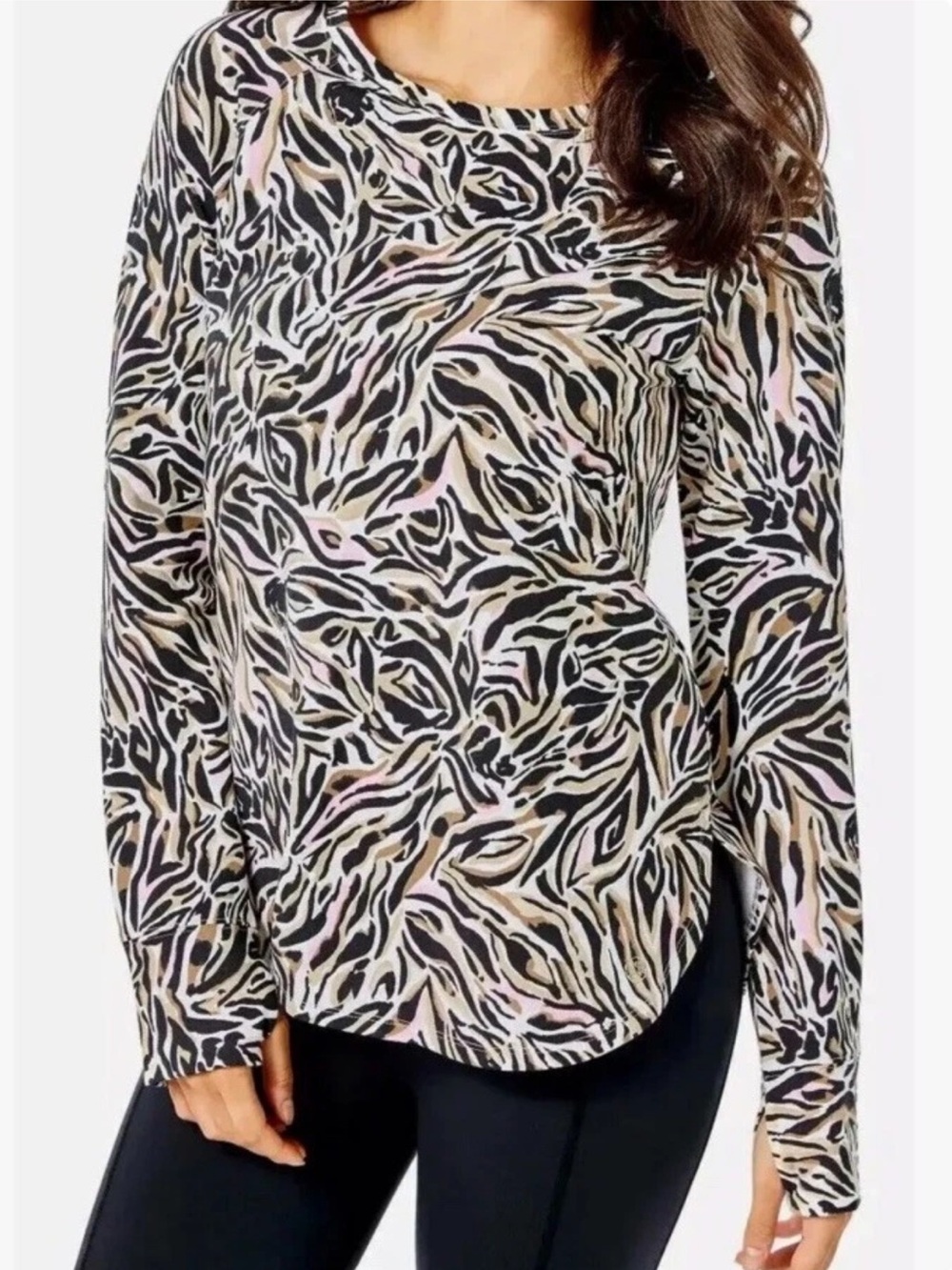 Lilly Pulitzer Luxletic Blythe UPF 50+ Onyx Zebra Print Thumbhole Pullover Top